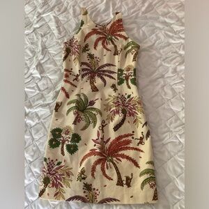 Muse Cream Tropical Palm Backless Dress with Green and Rust Accents